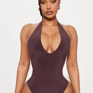 A12 Fashion Nova Deep V Halter One-Piece Body Suit - Chocolate Brown